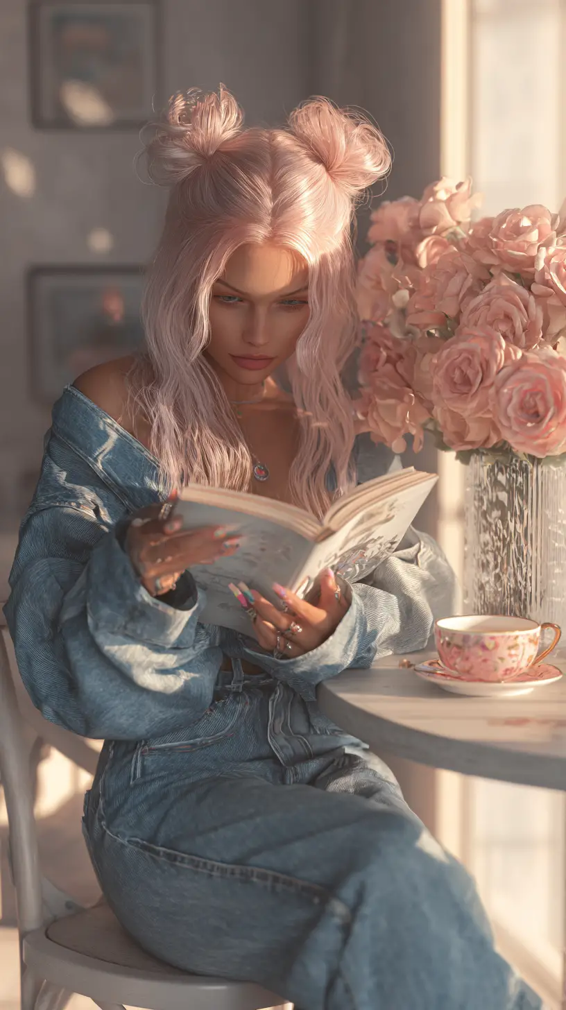 Elegant woman with silver pink hair reading at table