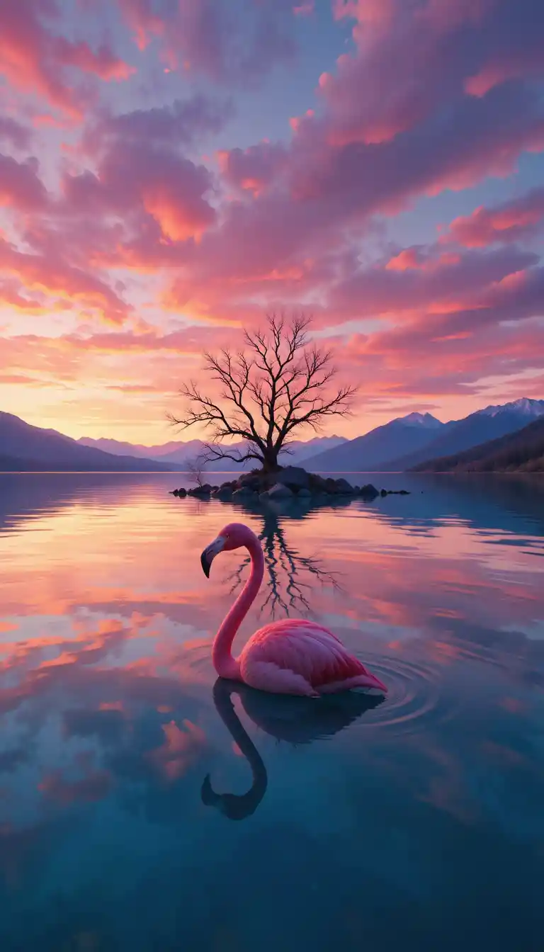 Pink flamingo reflected on a tranquil sunset lake