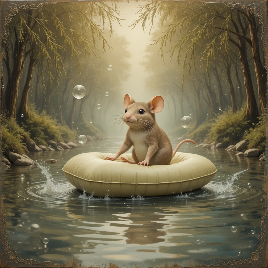 Ratón fantasioso flotando sobre jabón en un río de ensueño