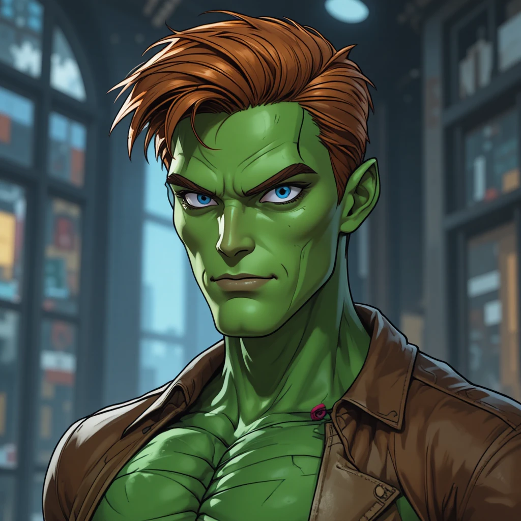 Animated male supervillain character with blue eyes and auburn hair