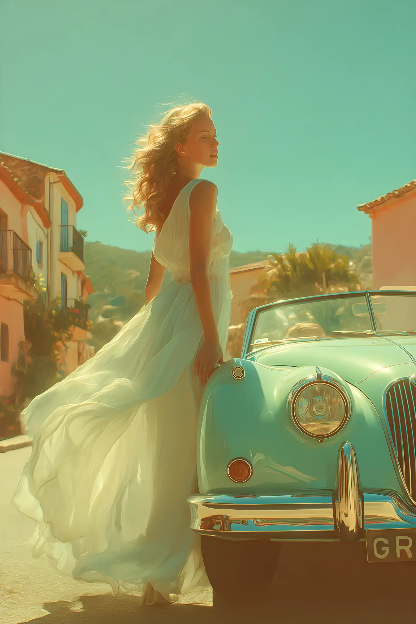 Elegant woman by green convertible on sunny village road