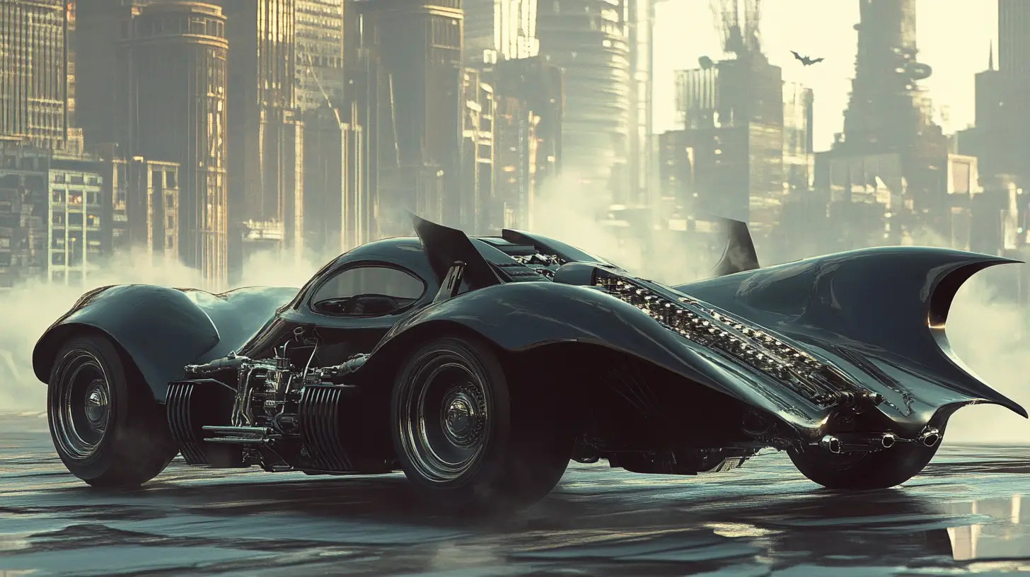 Flying retro futuristic car above hazy gothic cityscape