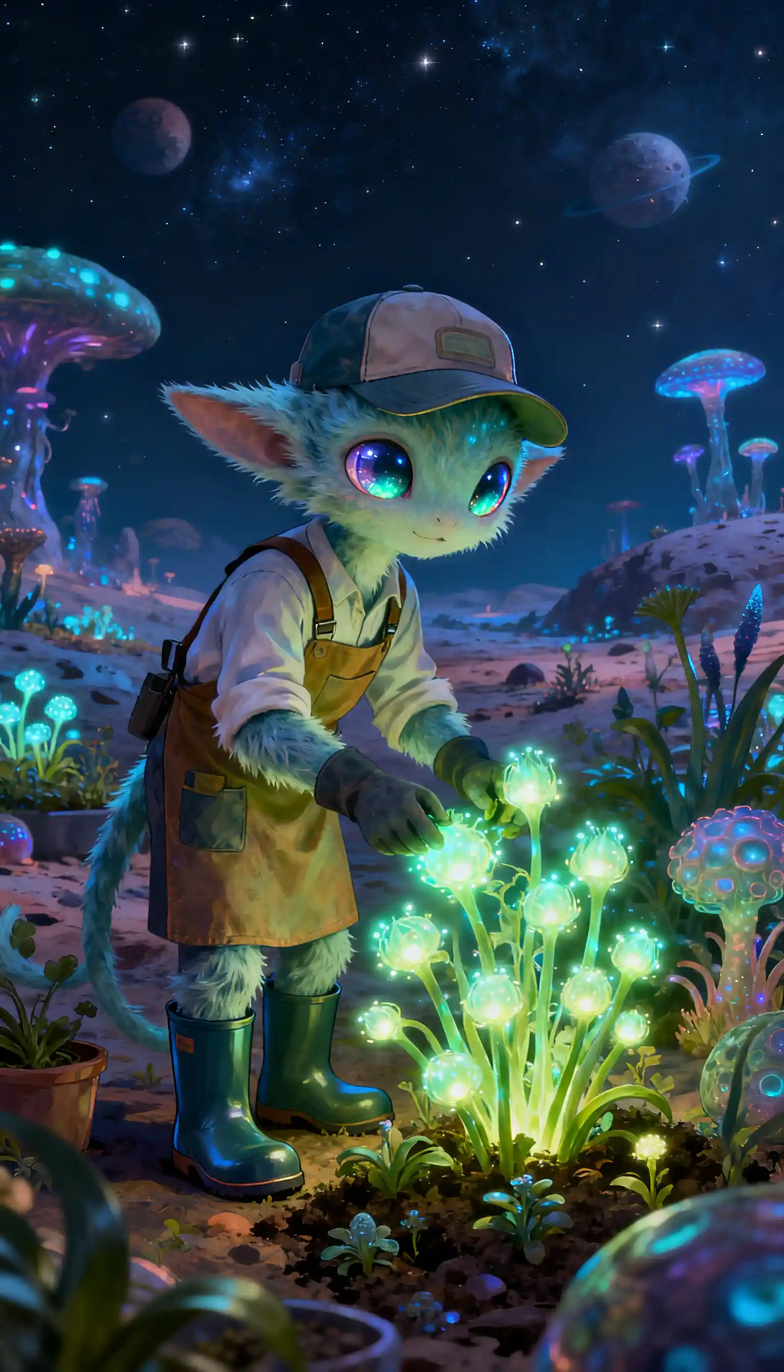 Cute alien botanist tending glowing plants at night