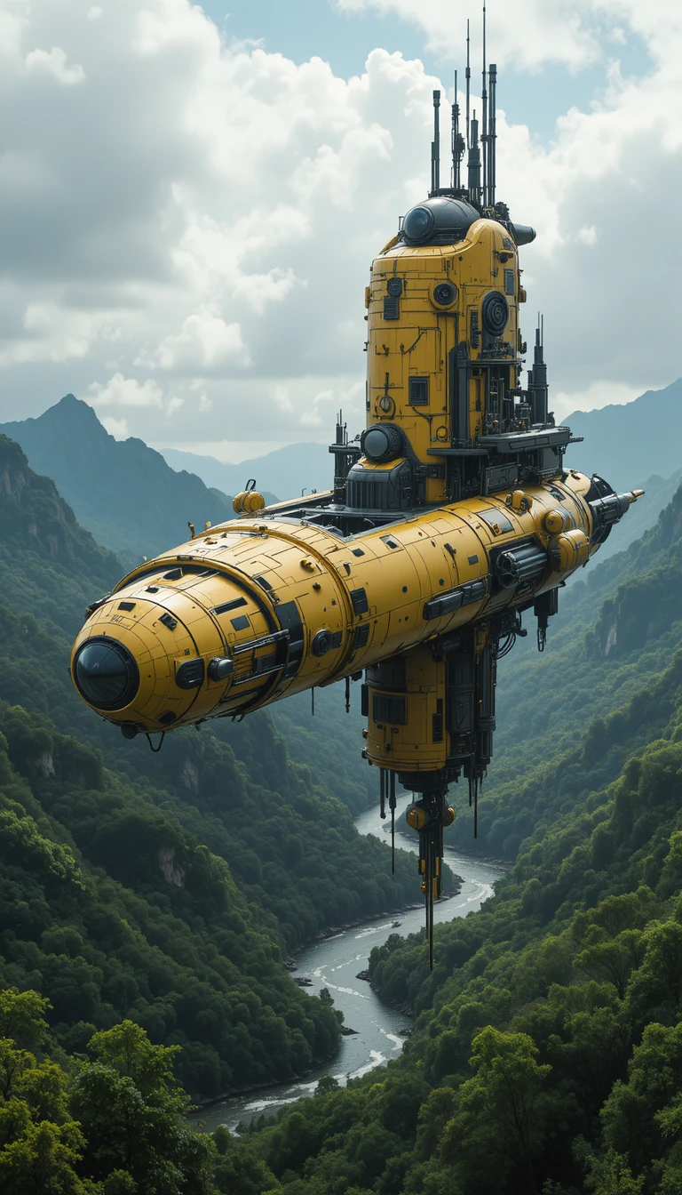 Astronave gialla futuristica in volo sopra una valle fluviale verde