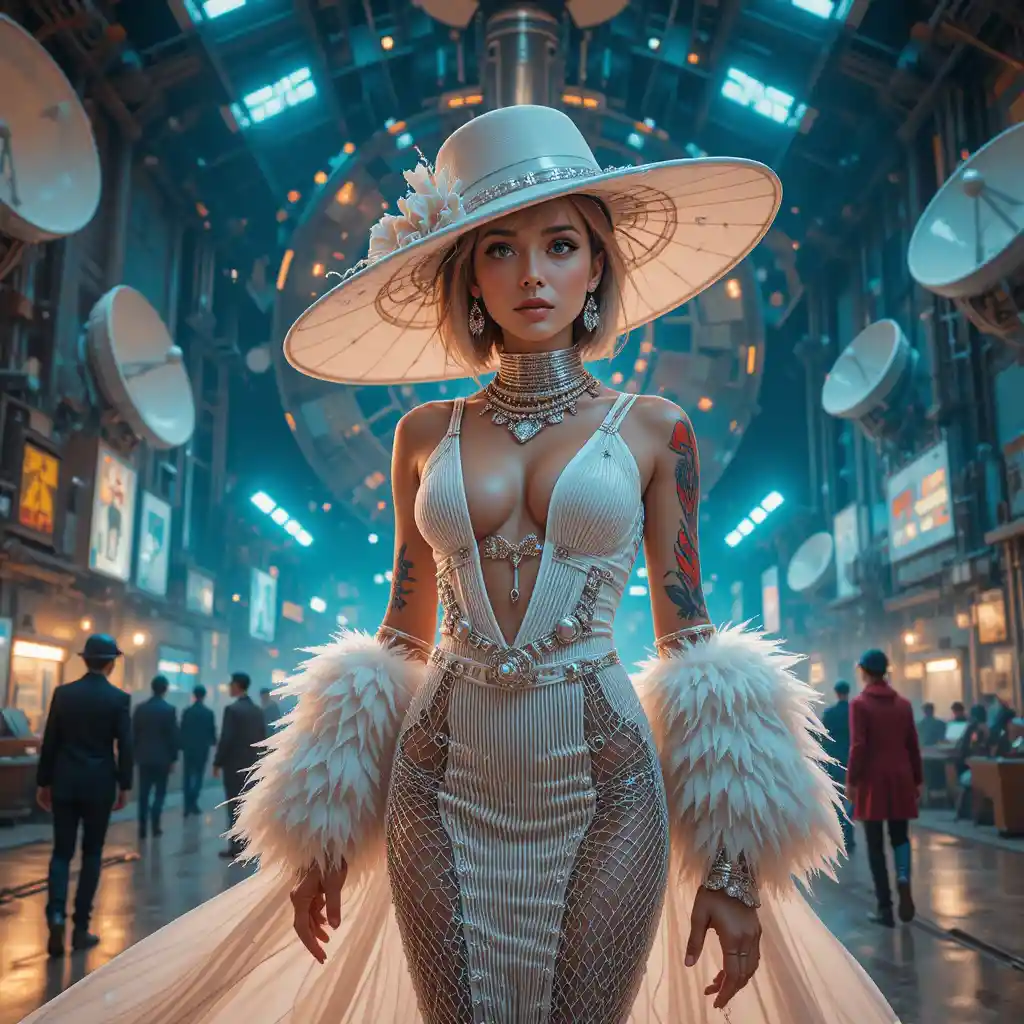 Femme fatale cyberpunk em um observatório espacial retrô