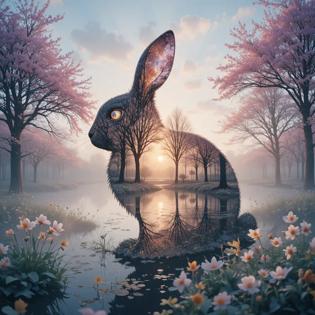 Magical Rabbit Silhouette With Spring Landscape Reflection