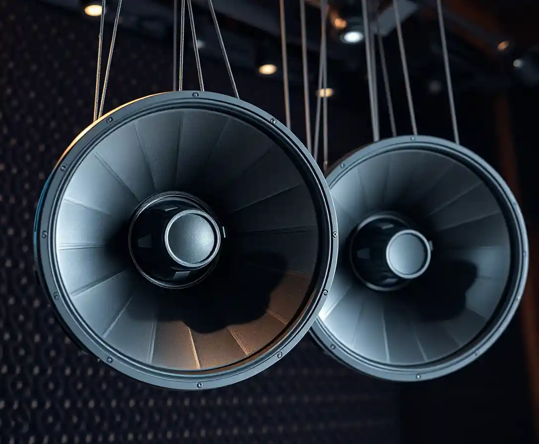 Close up studio view of large audio speaker cones