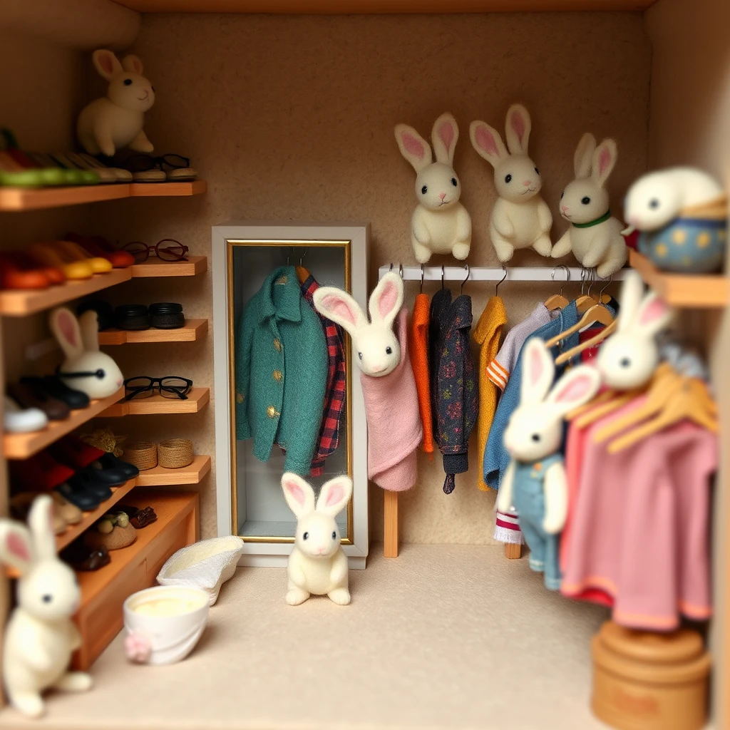 Miniature felt boutique filled with rabbits and tiny accessories