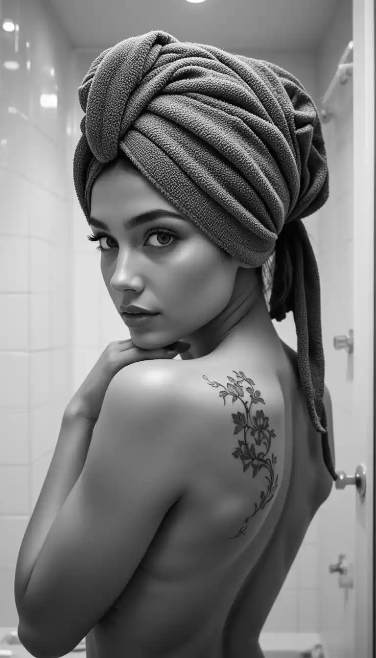 Black and white nude woman in bright tiled bathroom