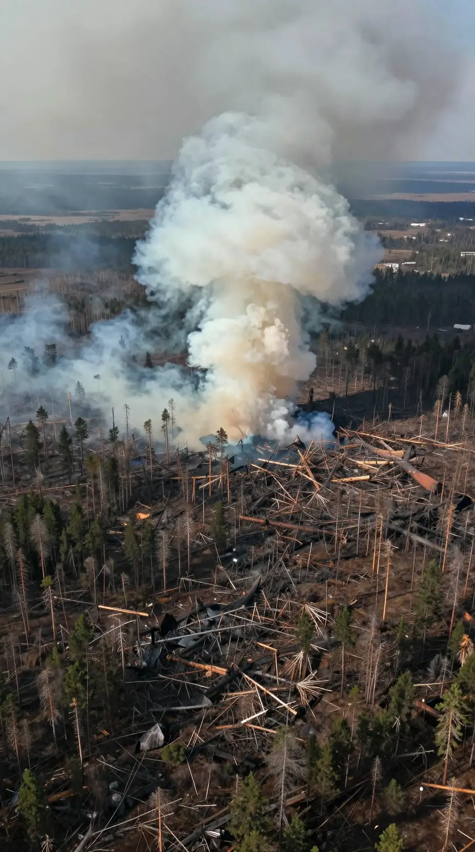 Aerial view of flattened Siberian forest after explosion
