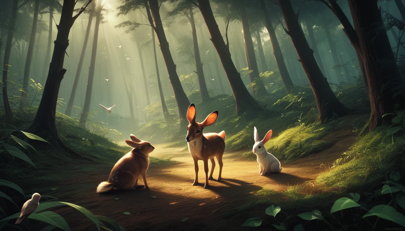 Golden hour forest wildlife in cinematic 3D illustration