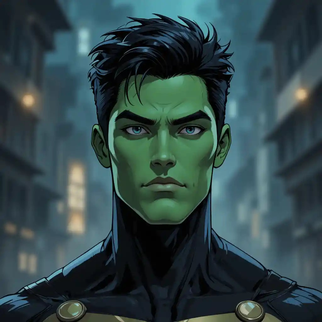 Green skinned male character with enlarged head in animation