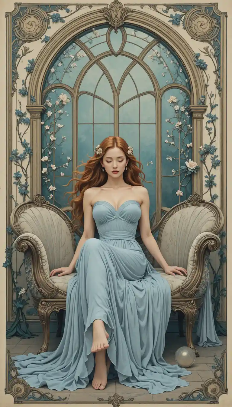 Graceful woman resting on an ornate art nouveau chaise