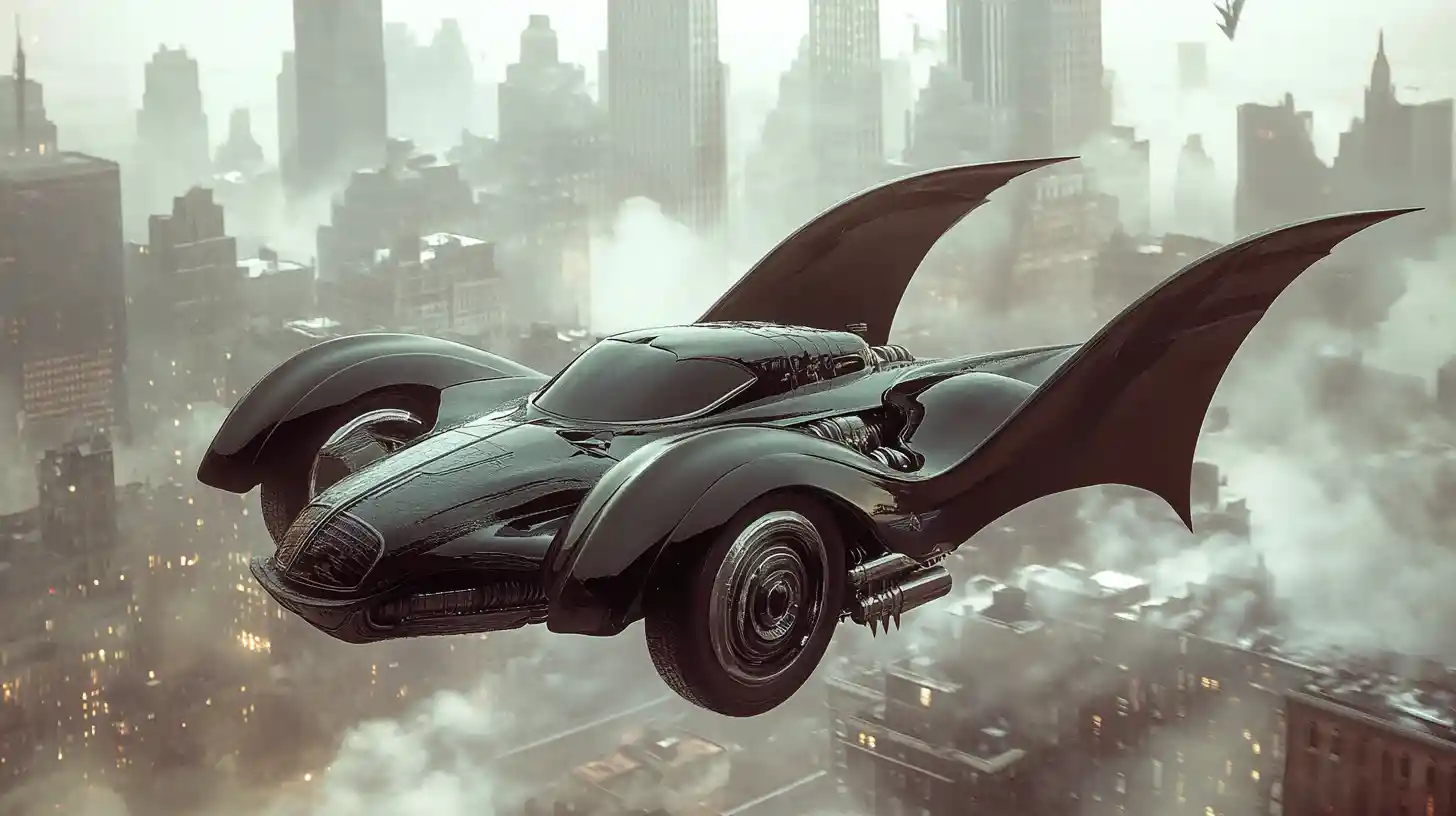 Flying retro futuristic car over hazy gothic cityscape