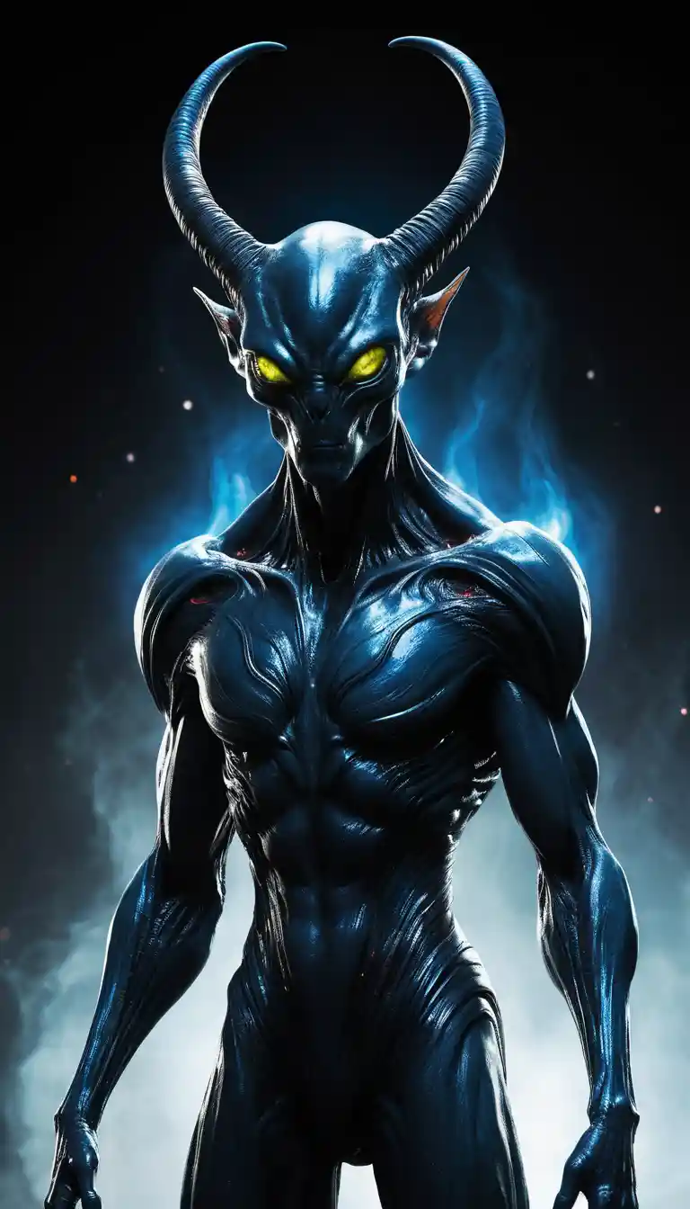 Majestic horned alien in a dark void with glowing eyes