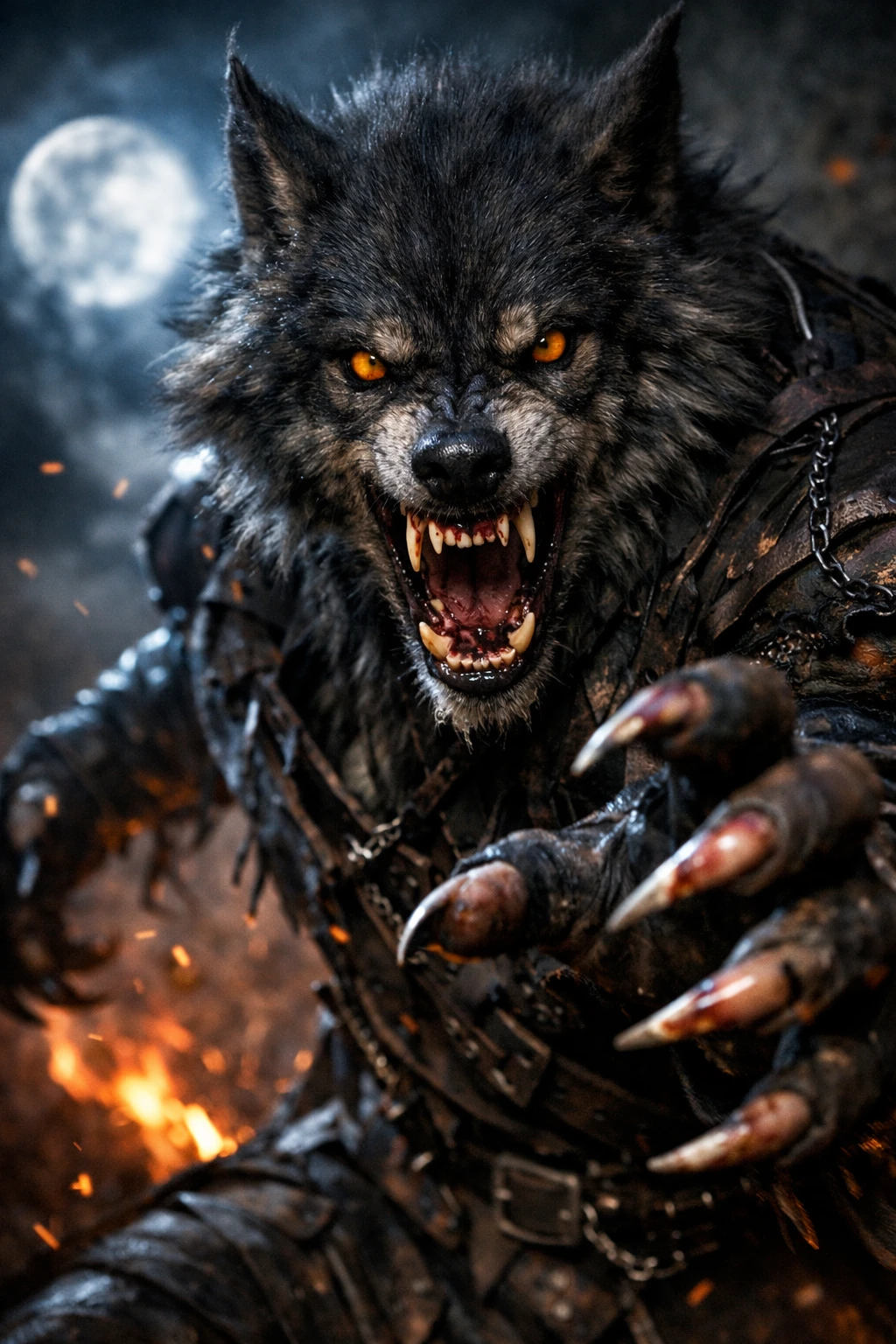 Sinister werewolf with amber eyes and dark fur
