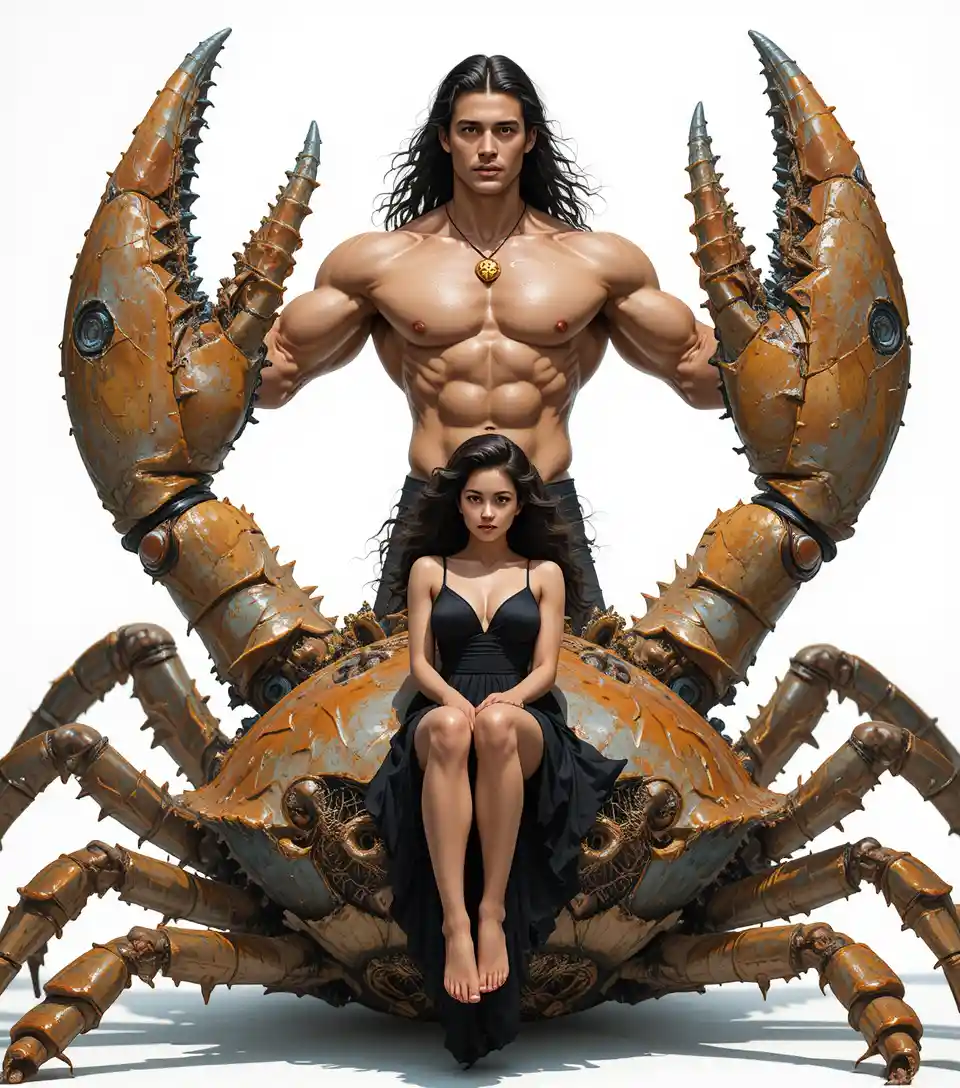 Surreal crab totem with intertwined man and woman
