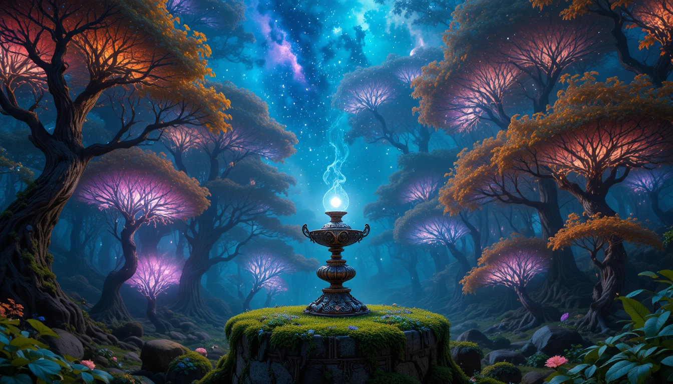 Antigua Lámpara Ornamentada en un Bosque Encantado y Luminoso