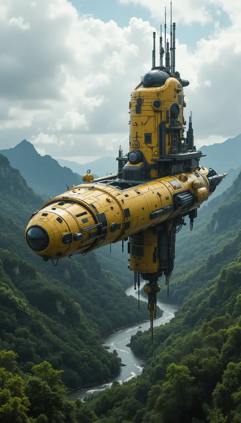 Futuristic yellow spaceship hovering over green river valley