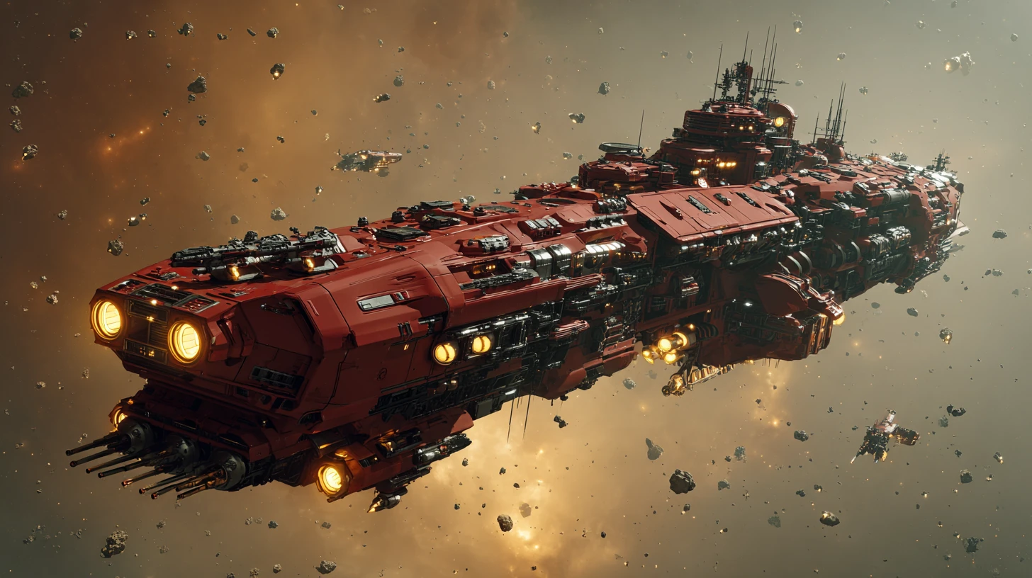 Colossal retro futuristic battleship drifting through a nebula