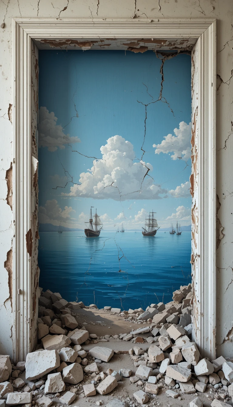 Cracked Wall Mural Revealing A Peaceful Blue Seascape