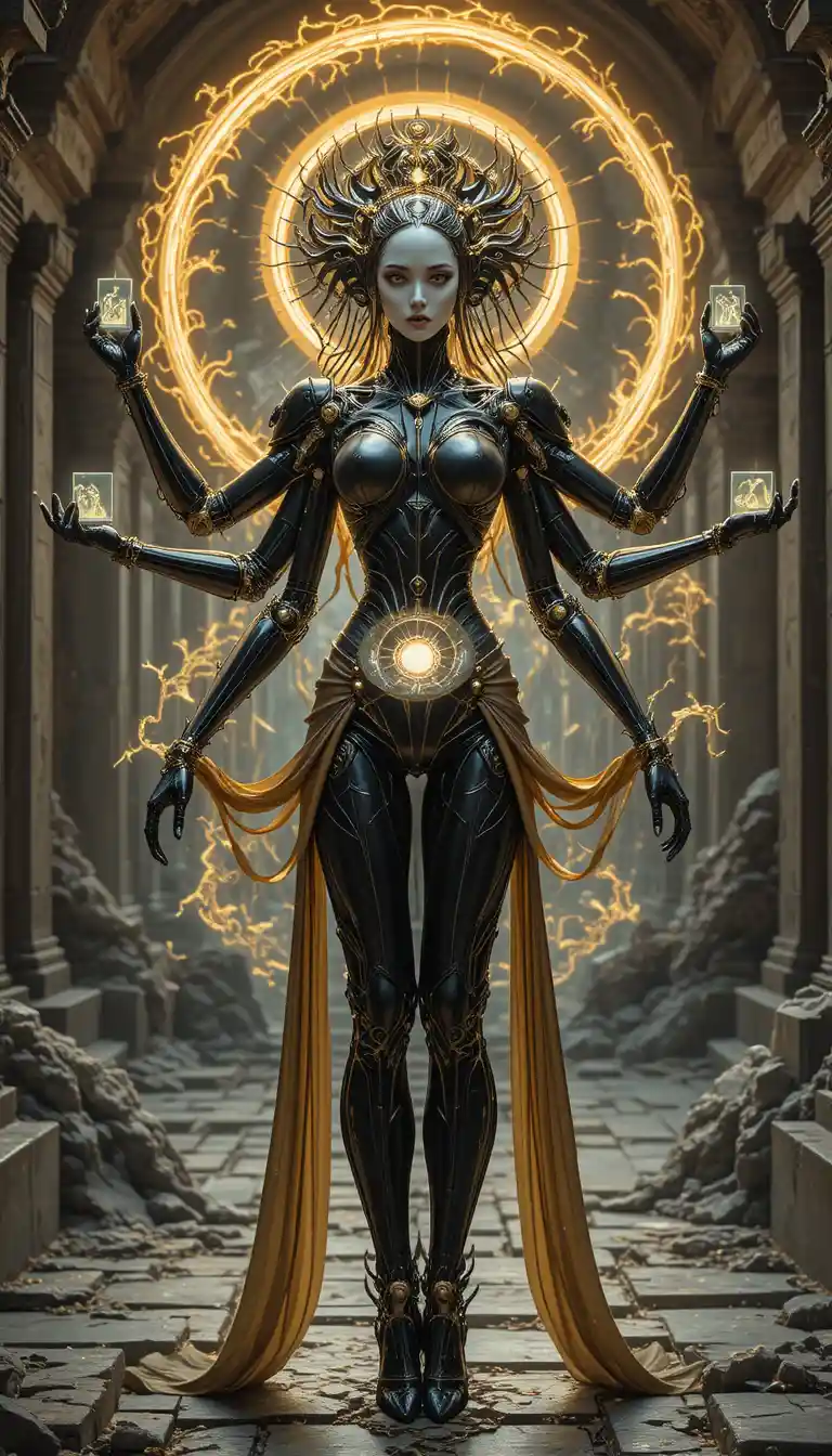 Cyberpunk-Göttin-Androidin mit sechs Armen in einem antiken Tempel