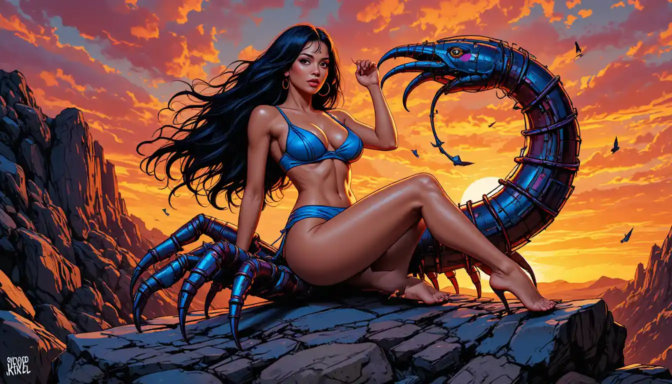 Donna con coda di scorpione in bikini blu su scogliera rocciosa al tramonto