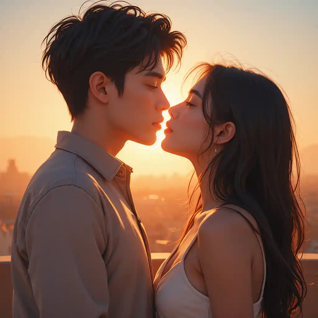 Adolescenti latini che condividono un quasi bacio su un rooftop al tramonto