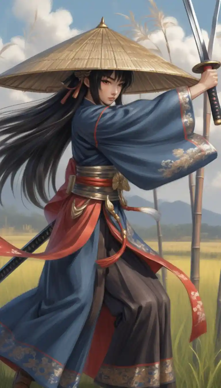 Female samurai drawing her katana in a windy bamboo field