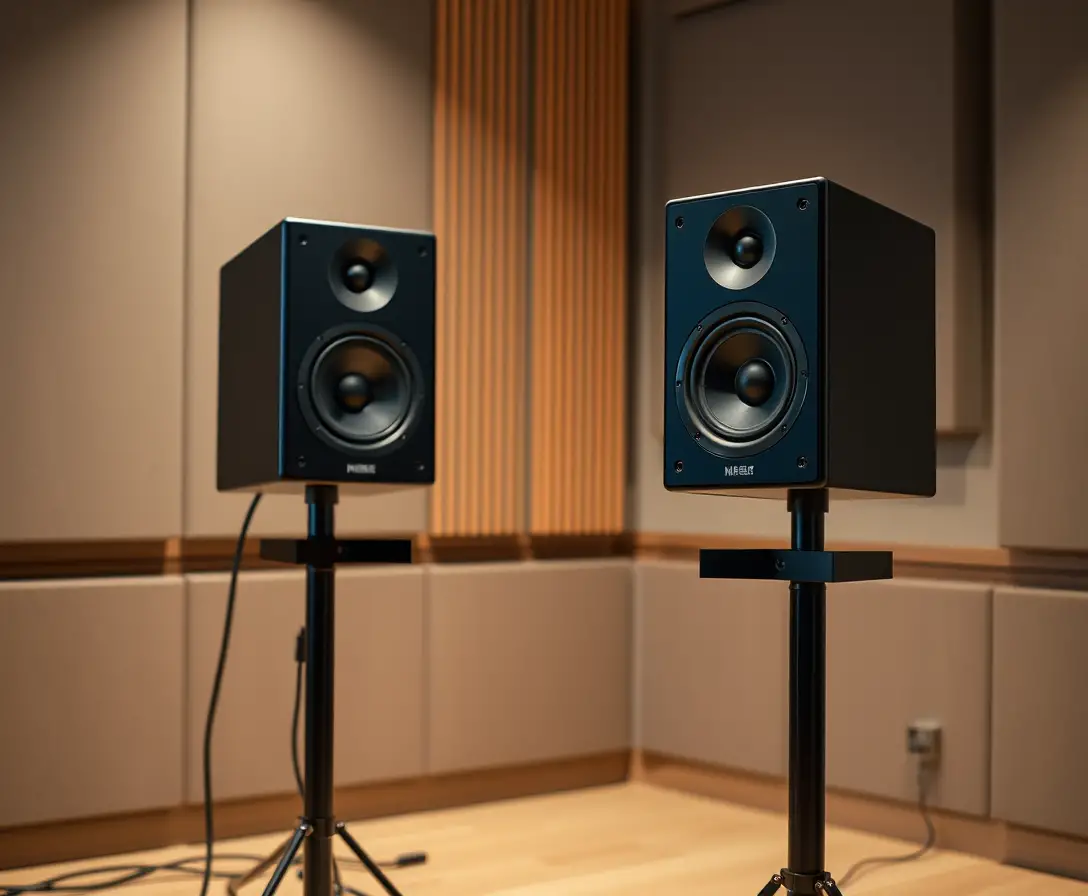 Studio monitor speakers aligned for optimal listening position