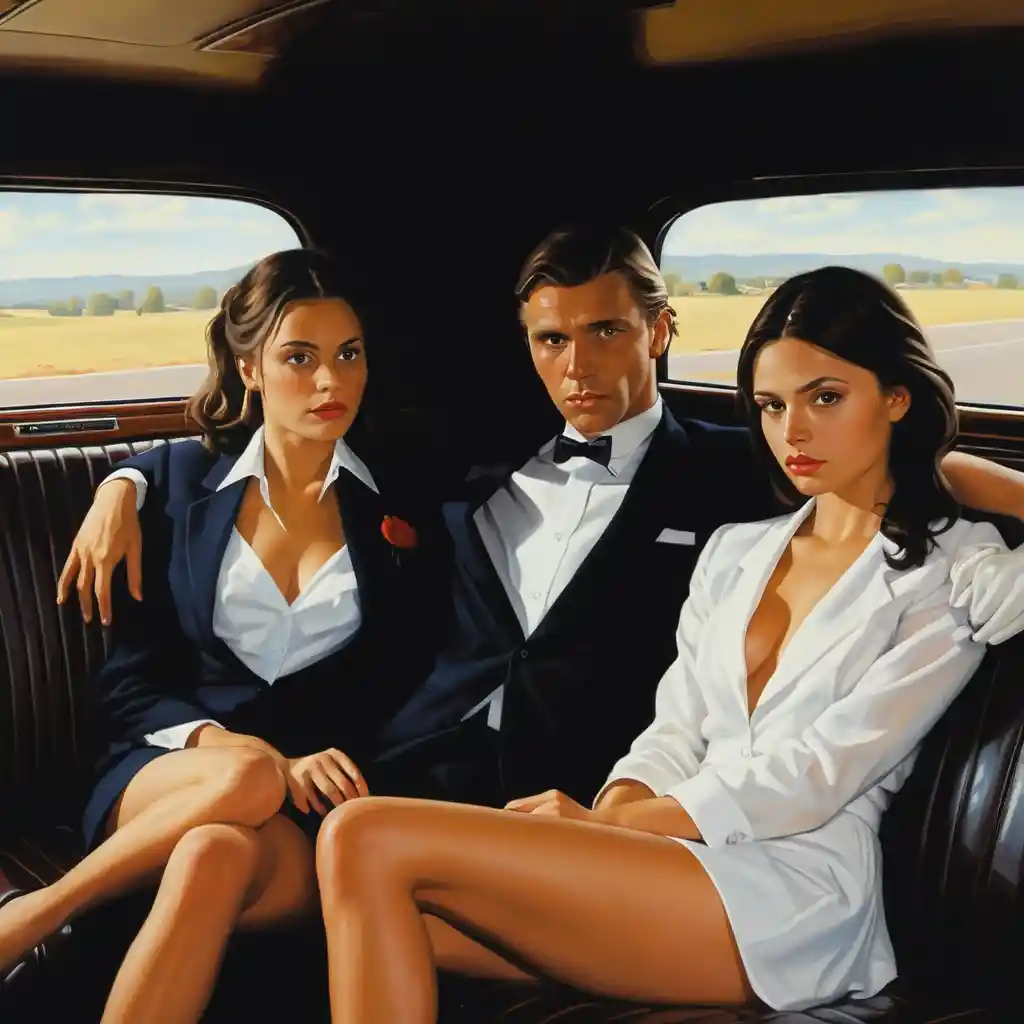 Schoolgirl in the backseat of a limousine car painting