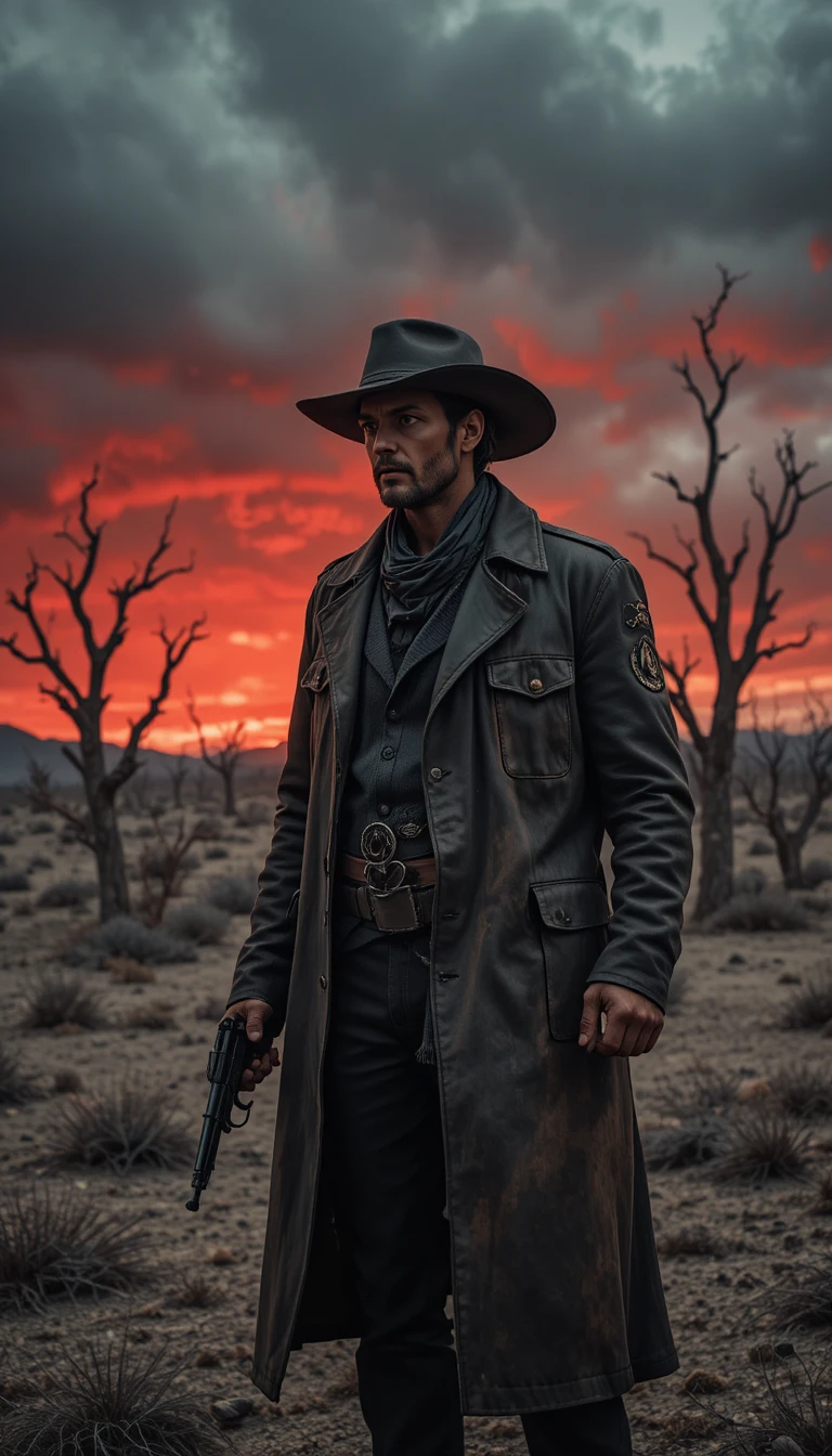 Vaquero solitario con revólver en un yermo ardiente y desolado