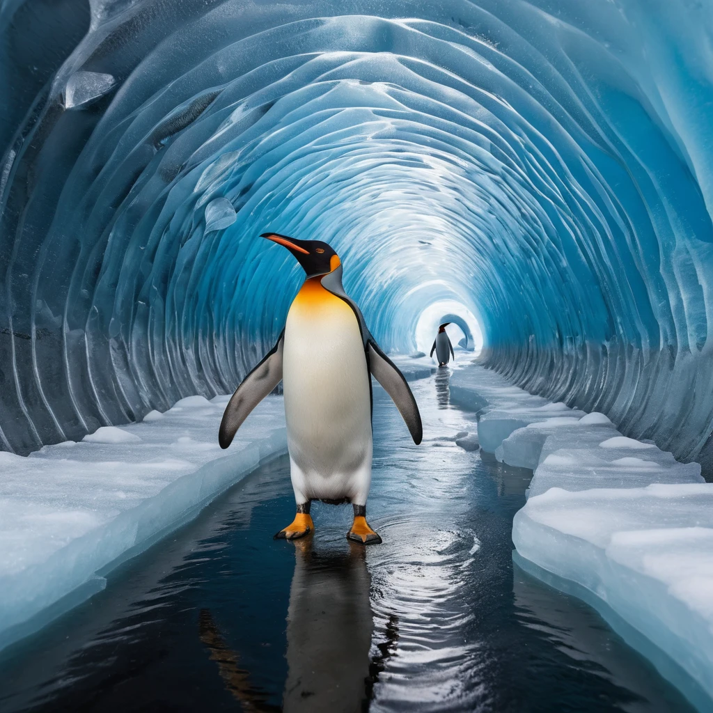 Pingüino rey caminando dentro de un túnel de hielo azul luminoso