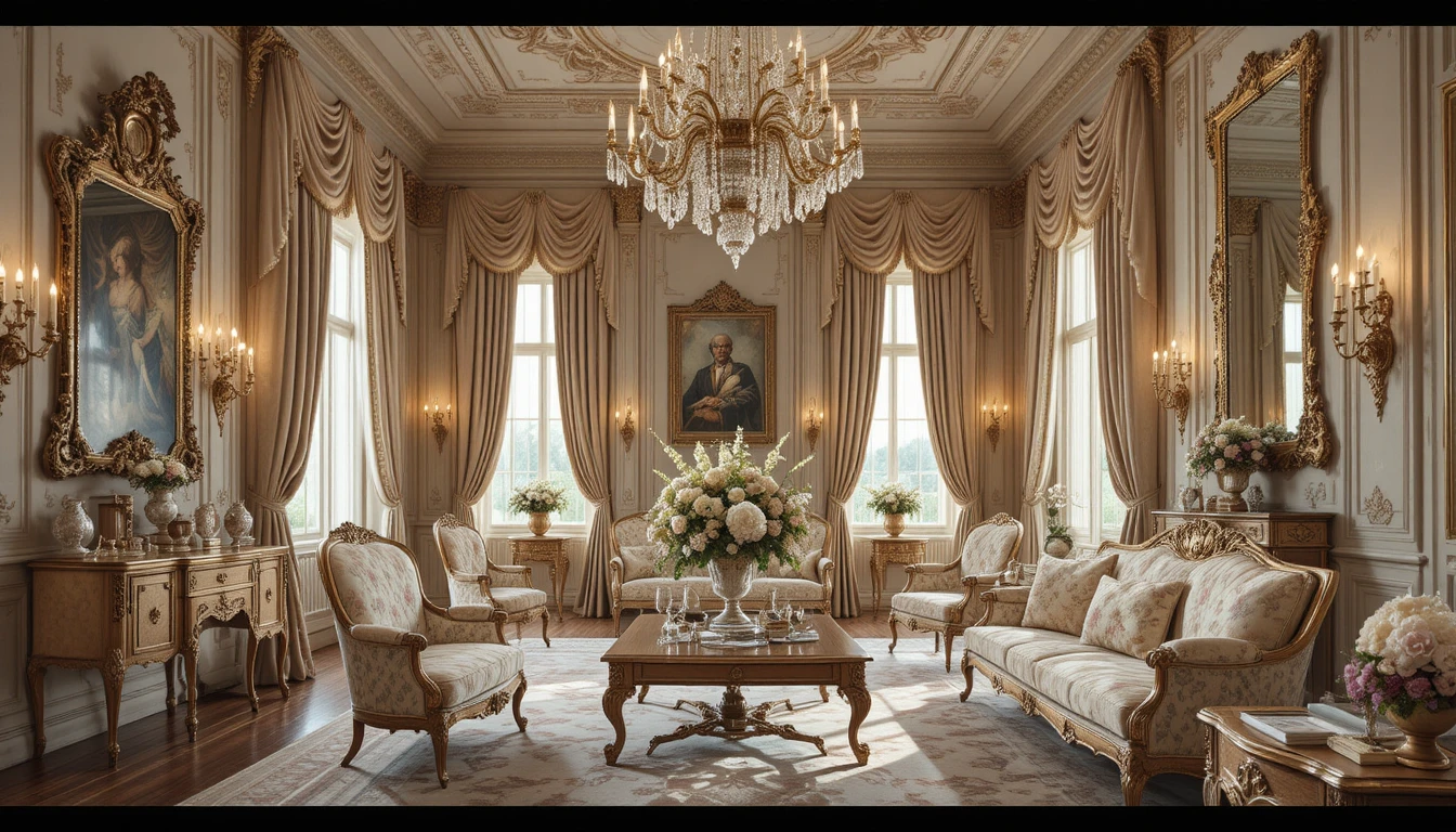 Luxuriöses klassisches Palastinterieur mit verzierten Möbeln und Kronleuchtern