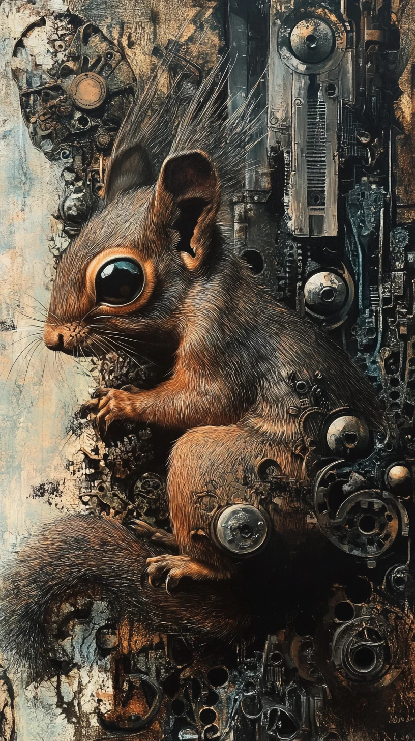 Surreal mixed media squirrel in metallic abstract hues