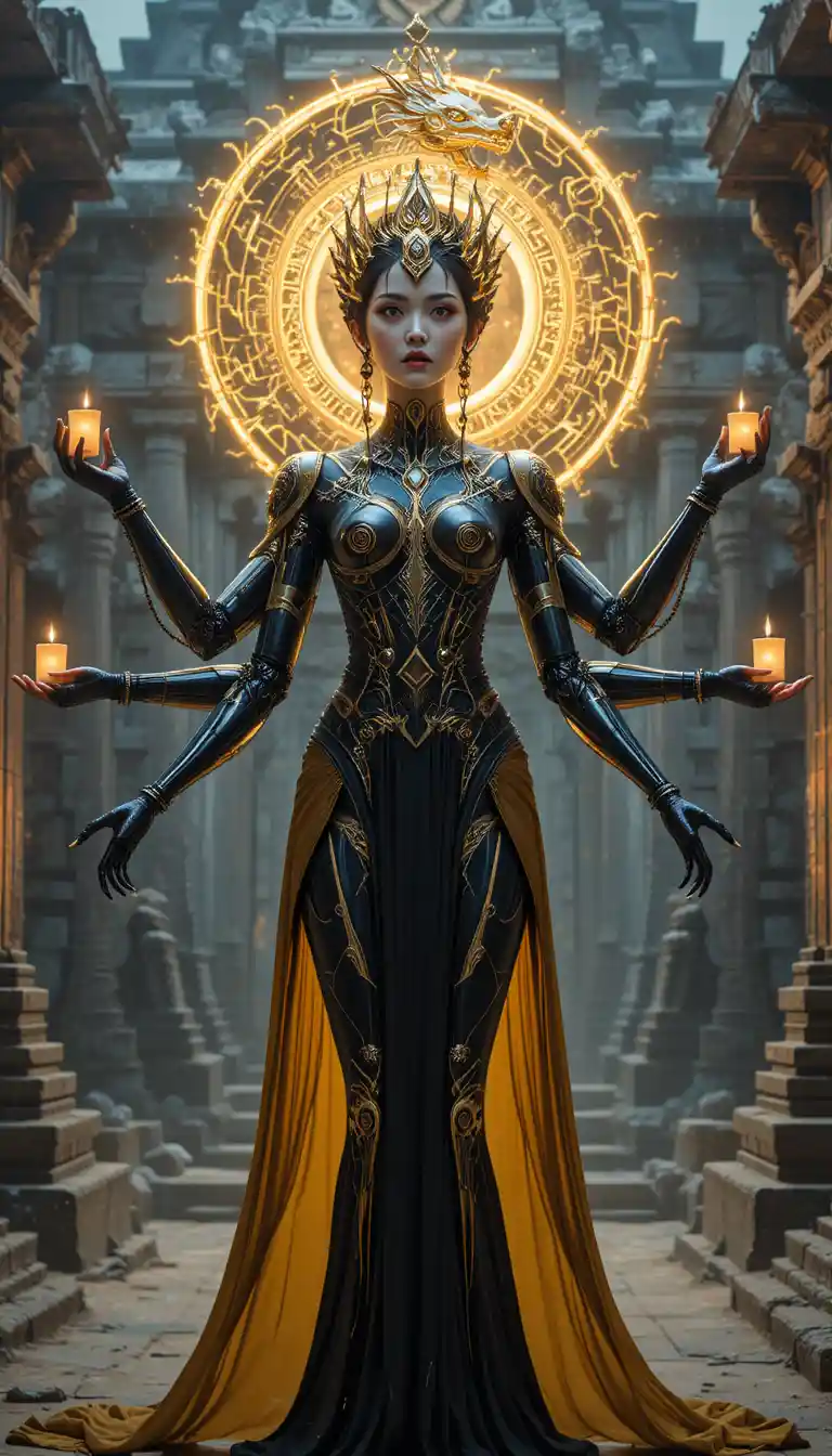 Cyberpunk mechanical goddess in a glowing temple