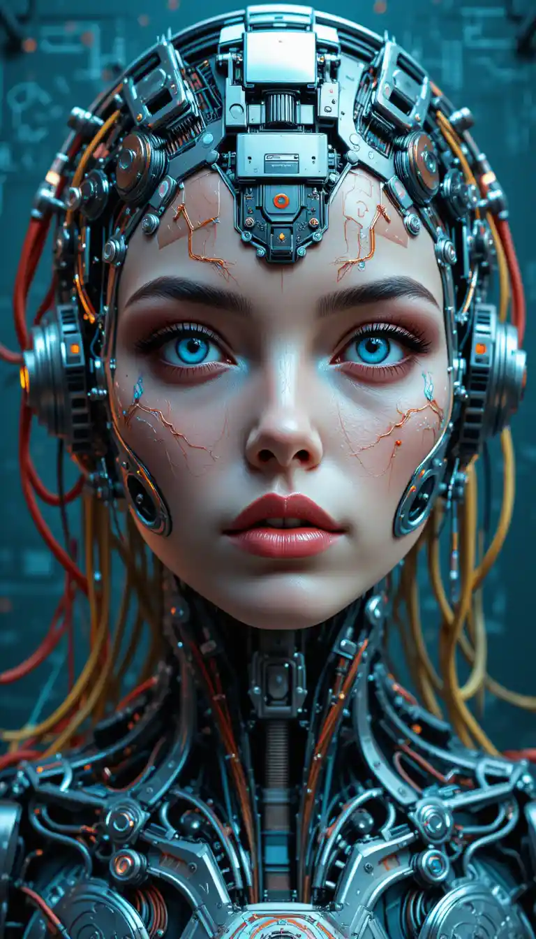 Futuristic cyberpunk cyborg woman with glowing blue eyes