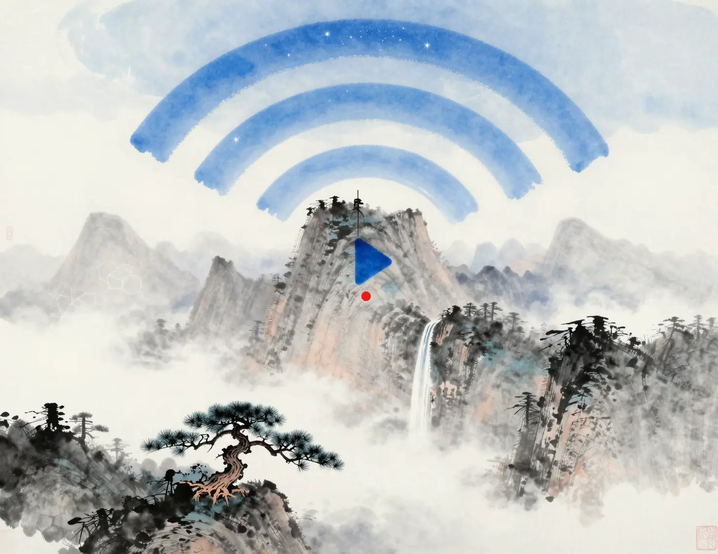 Ink wash mountain rising from mist in vertical scroll