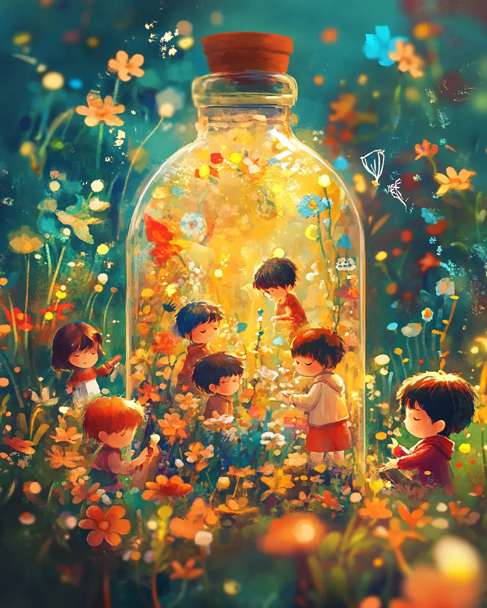 Tiny anime world of children playing inside a bottle