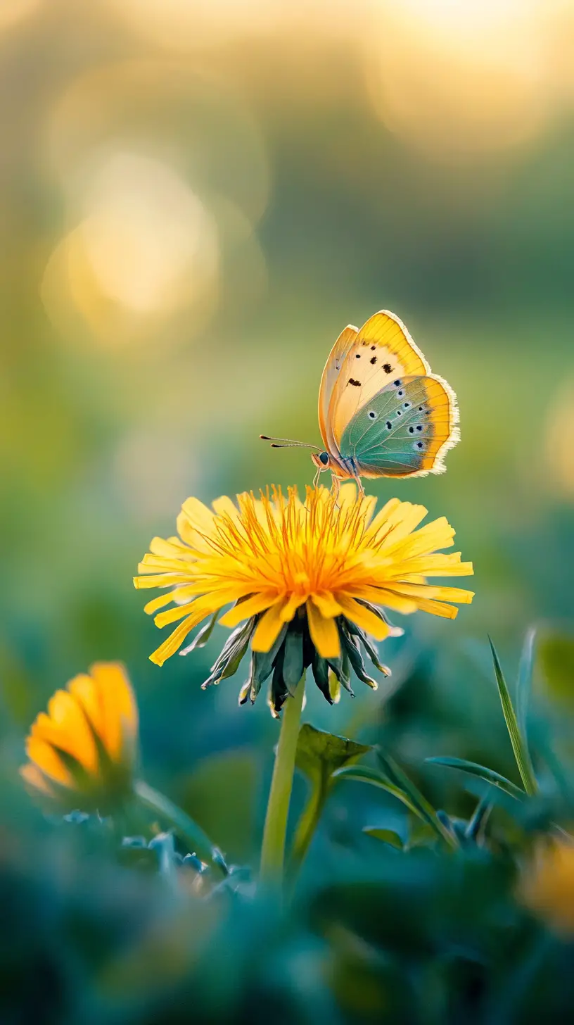 Dandelion In Sunlit Meadow With Colorful Butterfly
