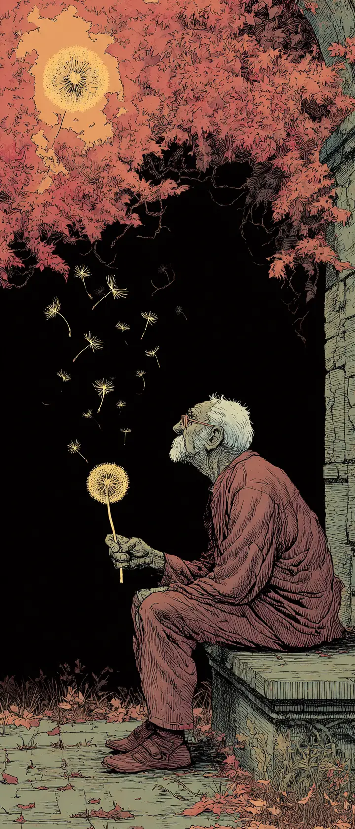 Elderly man in empty park at dawn with dandelion