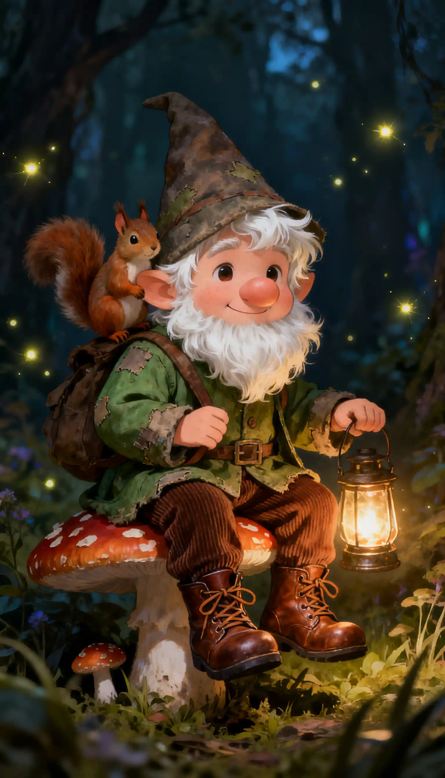 Gnome With Lantern On Mushroom In Enchanted Forest