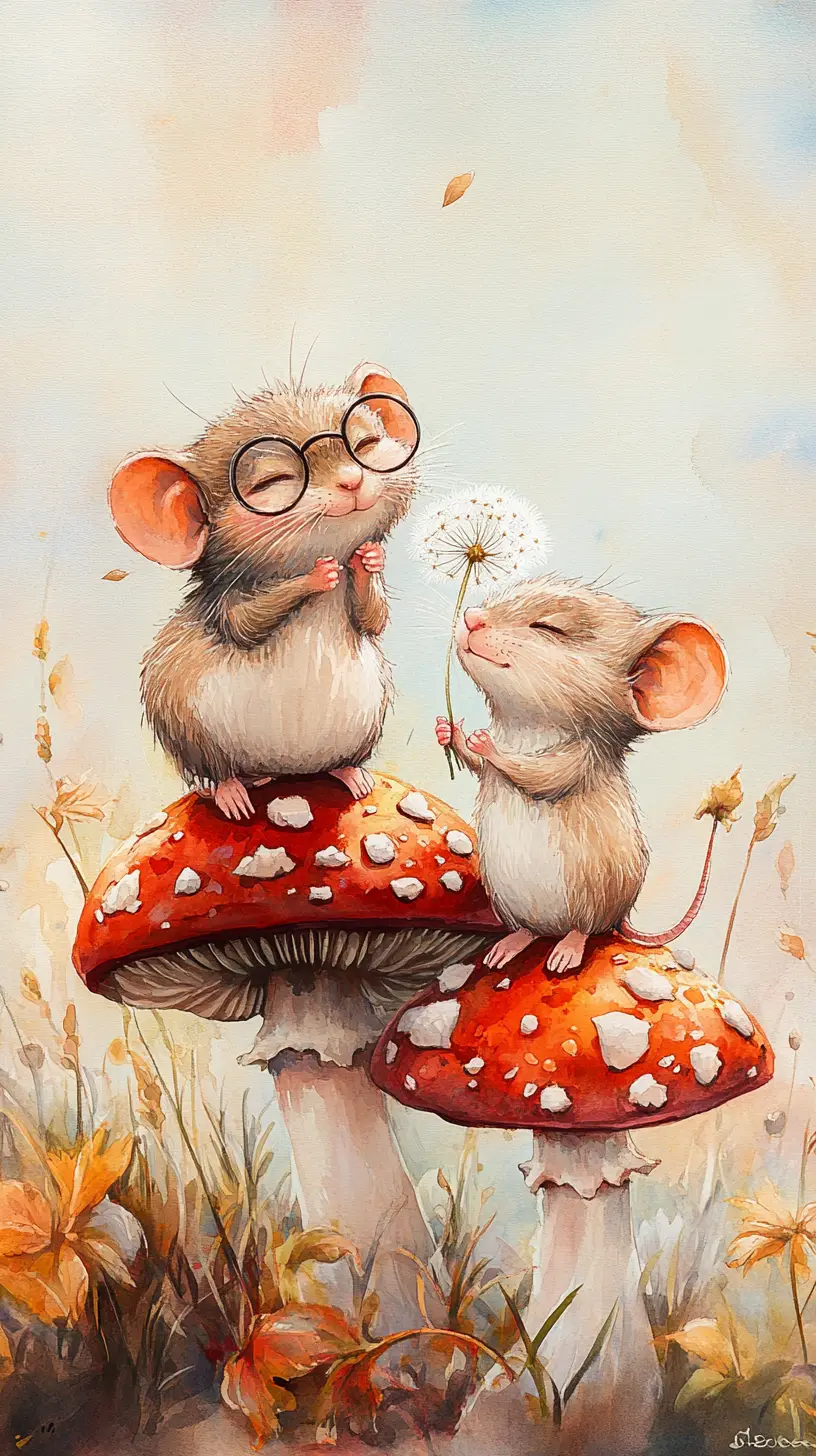 Thoughtful mole and smiling mouse on giant red mushrooms