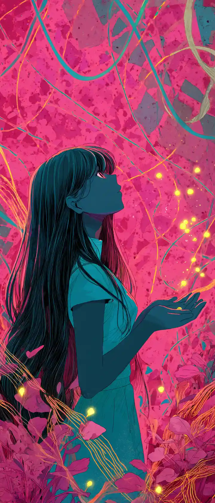 Anime girl releasing glowing memories in abstract color field