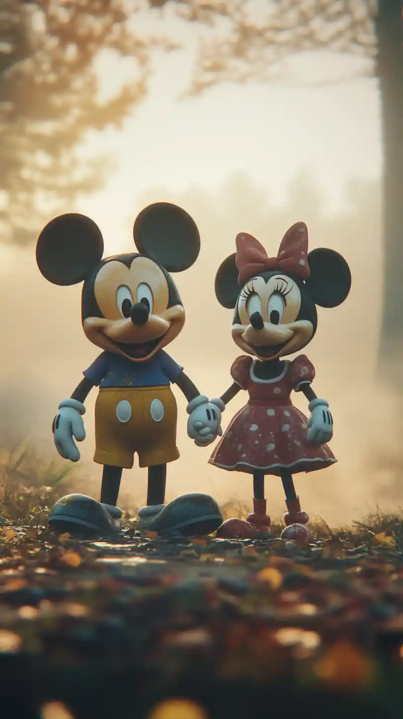 Cartoon mouse and duck walking through surreal cloud cathedral