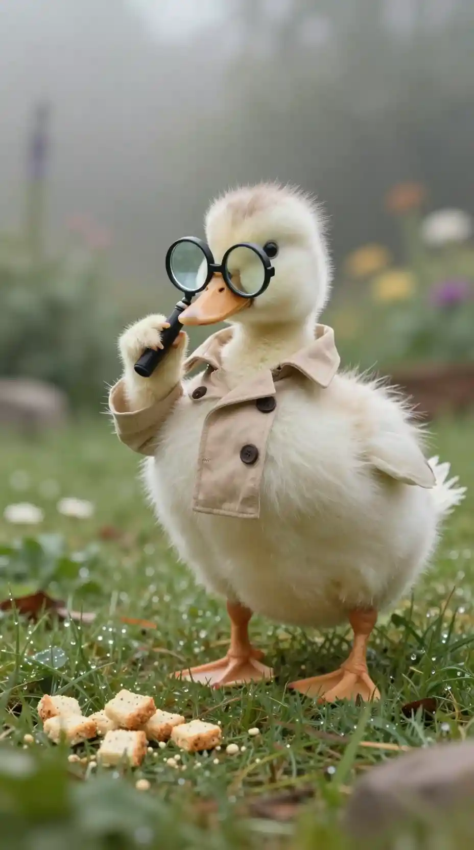 Curious duck detective following breadcrumbs in a garden