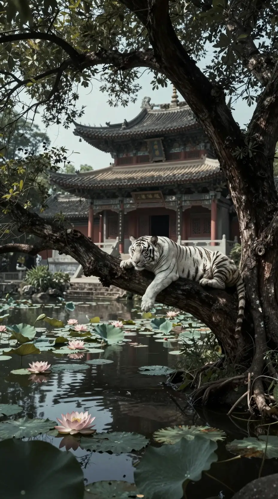 Sunlit forest temple with resting white tiger by water