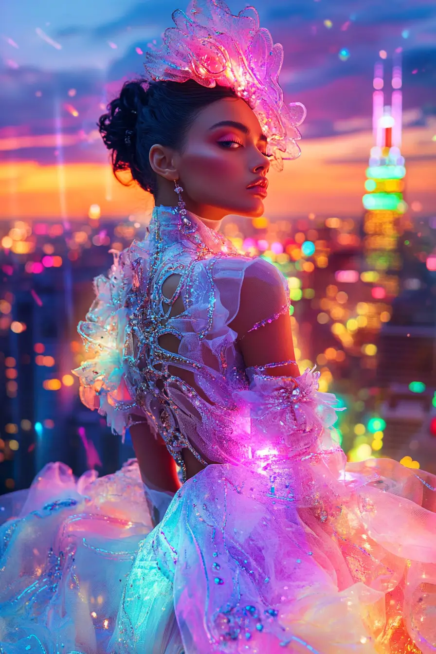 Elegant fashion model posing under a colorful twilight sky