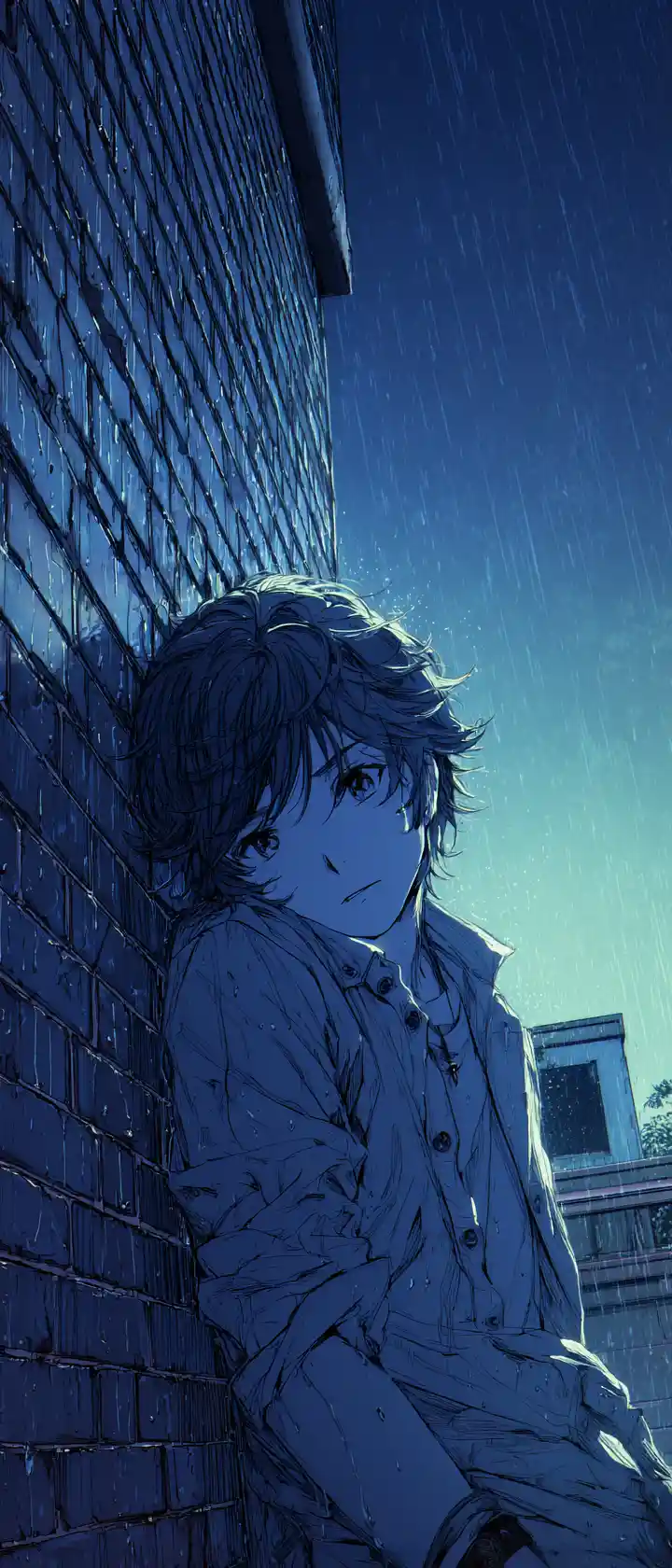 Anime man in rainy alley clutching a cracked photograph