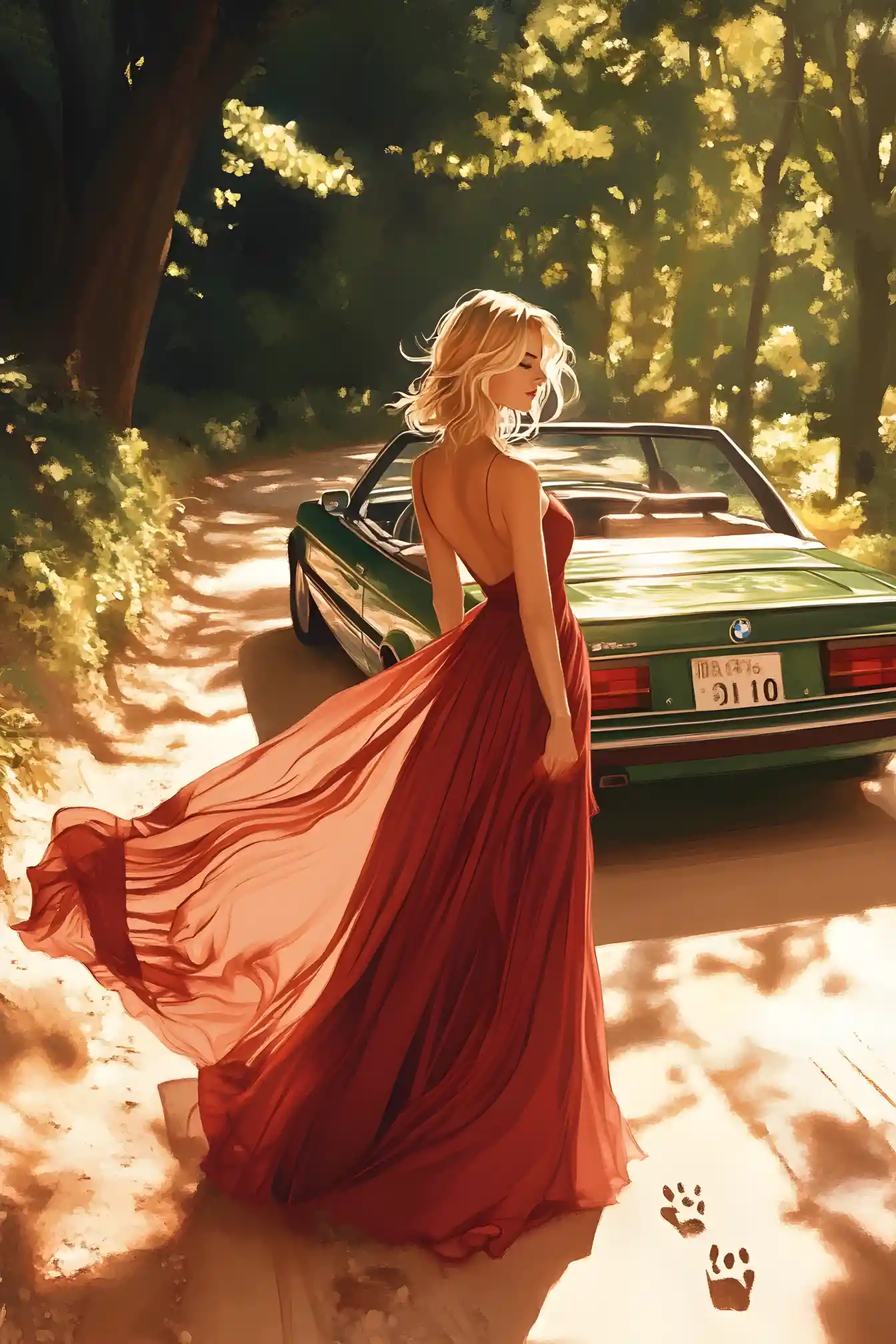 Elegant woman in red dress by green convertible car